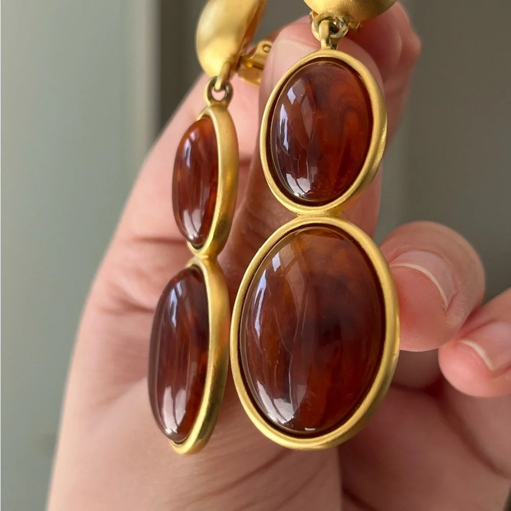 Vintage Givenchy Amber Resin Cabochon Drop Dangle Matte Gold Long Clip Earrings - Picture 8 of 12